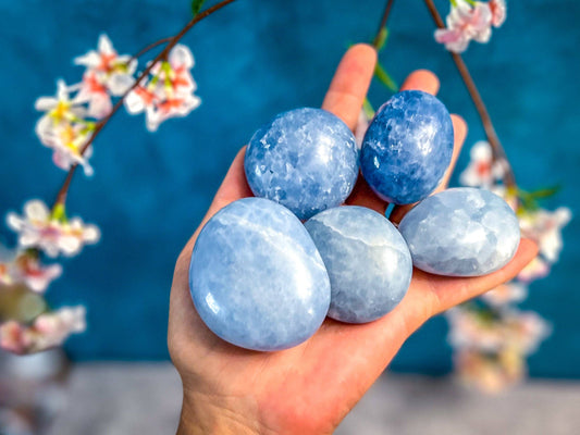 BLUE CALCITE Palm Stones, Ethically Sourced Crystals: 75-99 grams