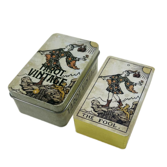 Tarot Cards Vintage in Metal Tin Box 10Cm*6Cm Board Games Gold Green-Plated Edge 78 Cards with Paper Manual