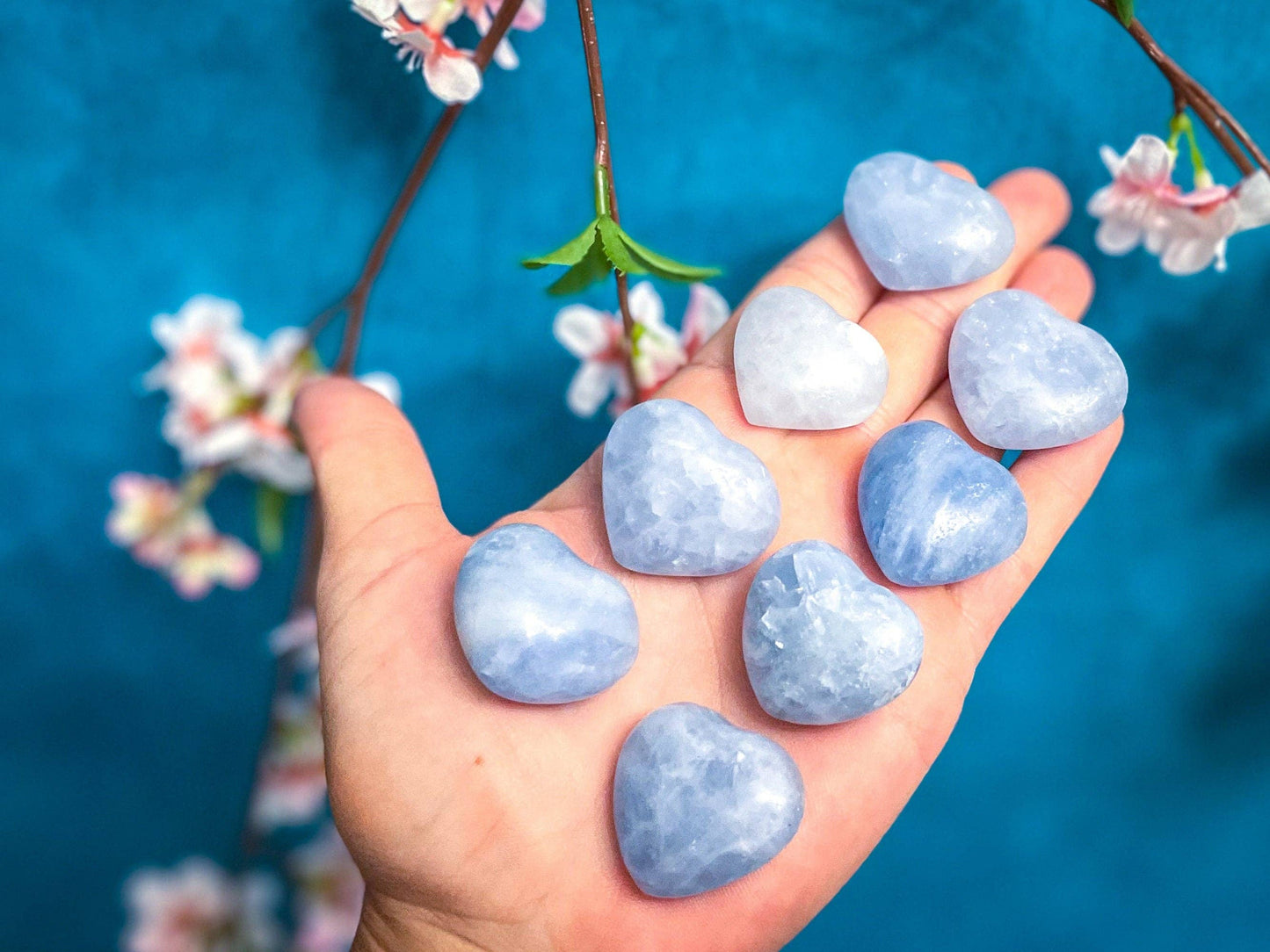 Small BLUE CALCITE crystal hearts: 3-4 CM