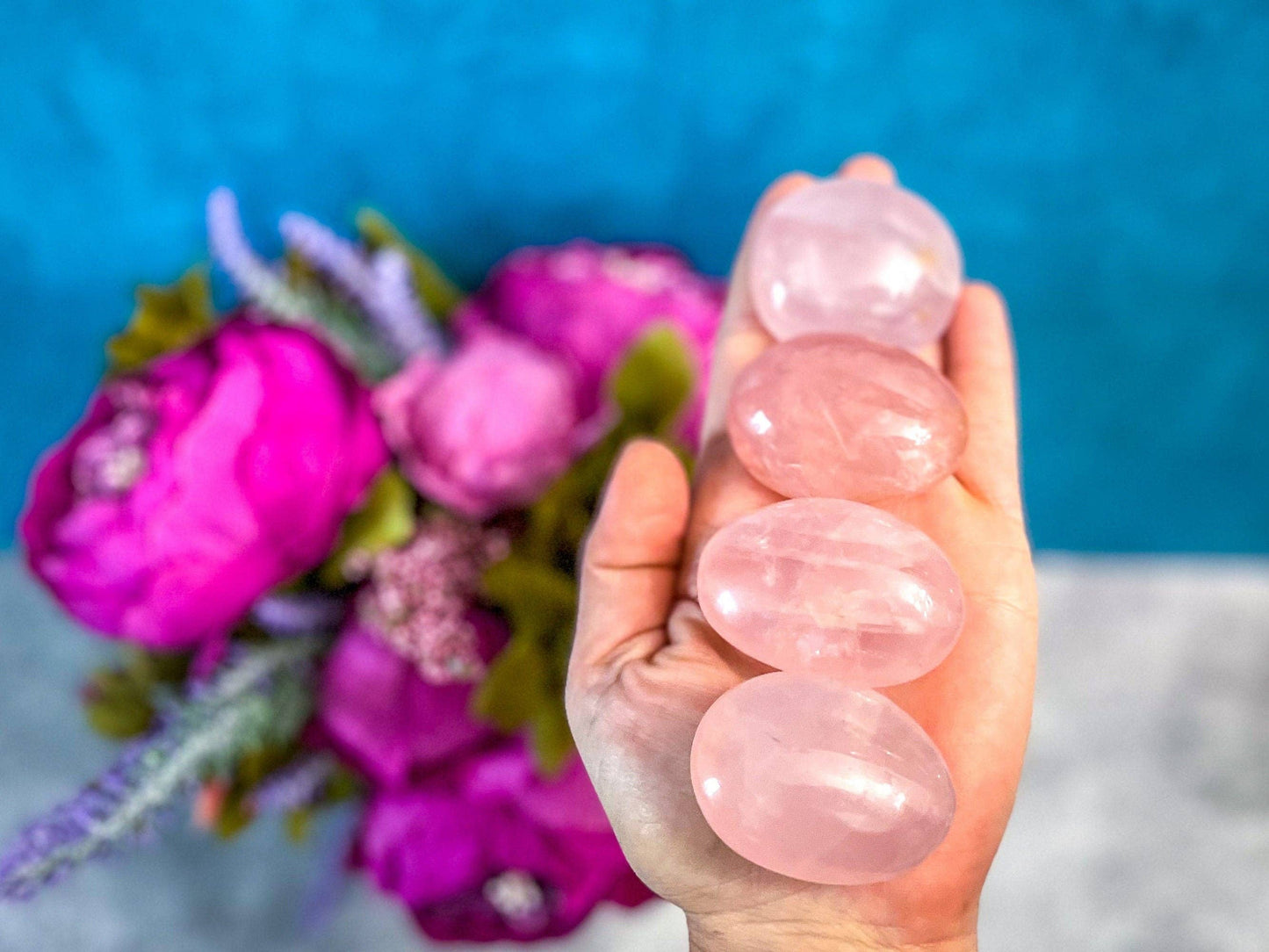 Ethically Sourced Rose Quartz palm stone: 50-74 grams