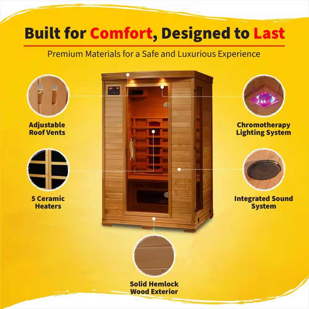 2-Person Hemlock Infrared Sauna with 5 Ceramic Heaters