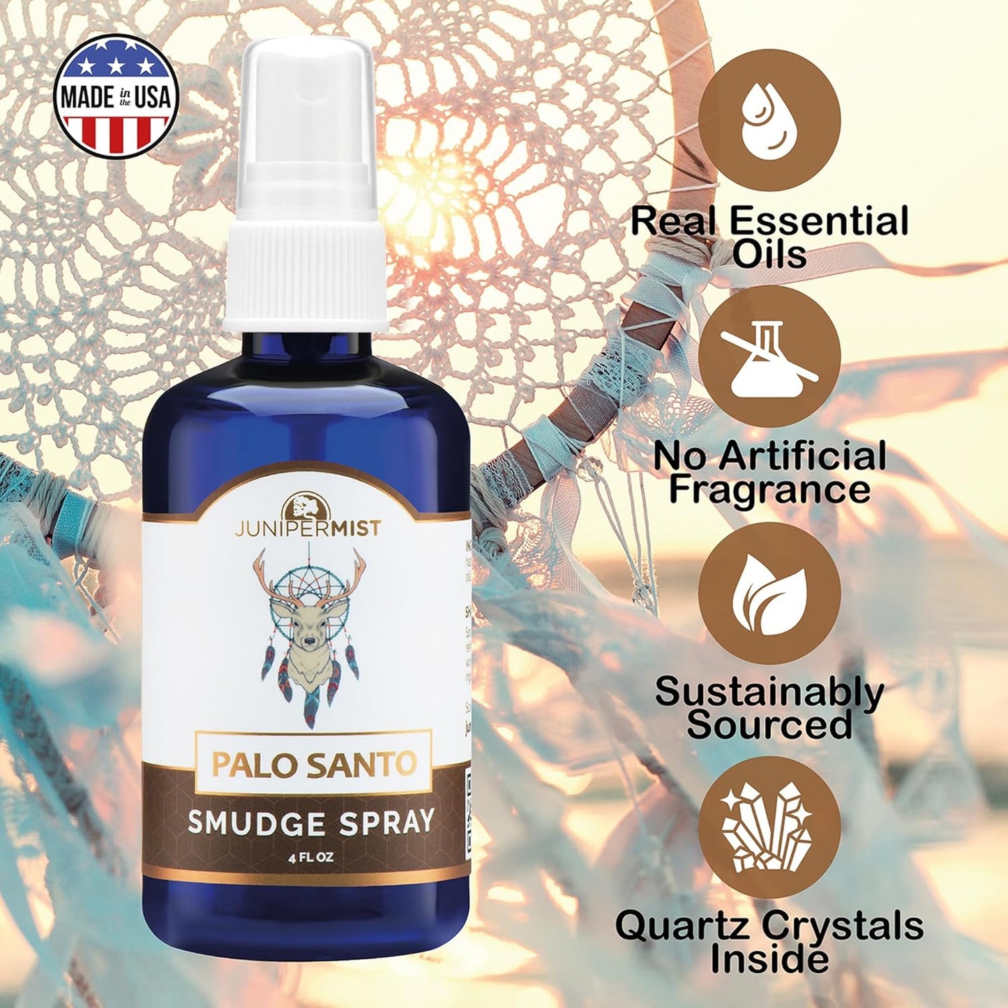 Palo Santo and Sage Smudge Spray (4 Fl Oz) - for Cleansing Negative Energy - Sage Spray Alternative to Smudge Sticks - Sustainably Made in USA with Pure Essential Oils and Real Crystals