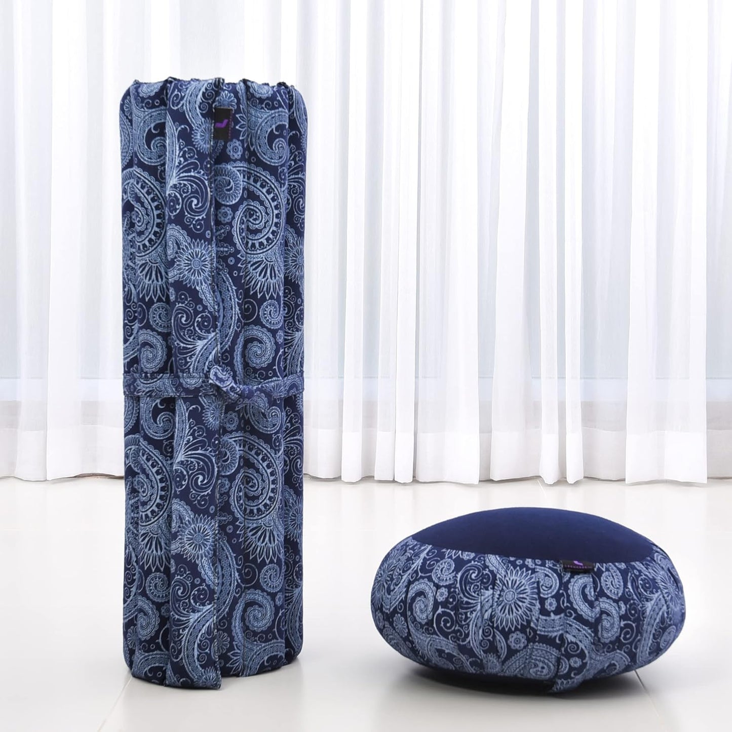 Meditation Cushion Set – 1 round Zafu Meditation Pillow and 1 Square Roll-Up Zabuton Meditation Mat, Pillows Bundle Filled with Kapok