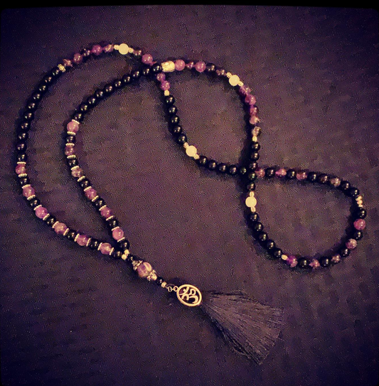 Amethyst & Black Onyx Beaded Mala Necklace