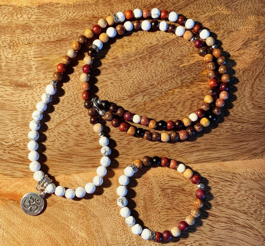 Howlite & Wood Beaded Mala Necklace & Bracelet Set