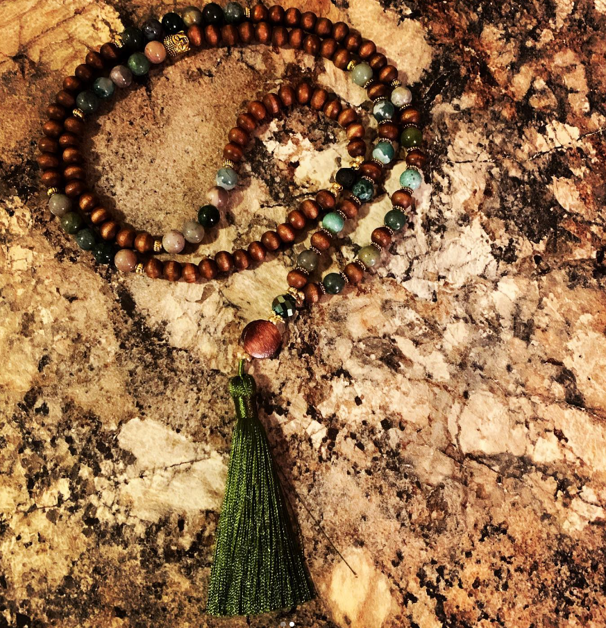 Indian Agate & Wood Beaded Mala Necklace