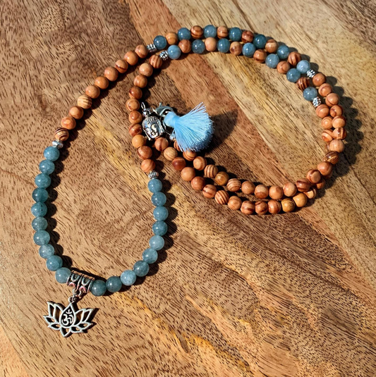 Aquamarine & Wood Beaded Mala Necklace